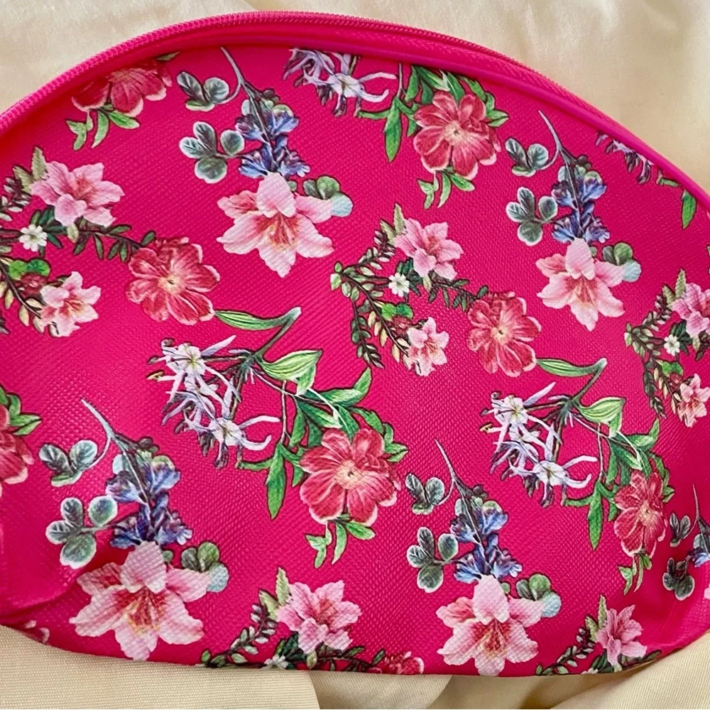 NWT ~ Floral Pink Cosmetic Pouch and Makeup Mirror keychain Set NEW Never Used